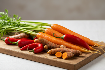 une image avec des carotte du curcuma et des piments penis rouge